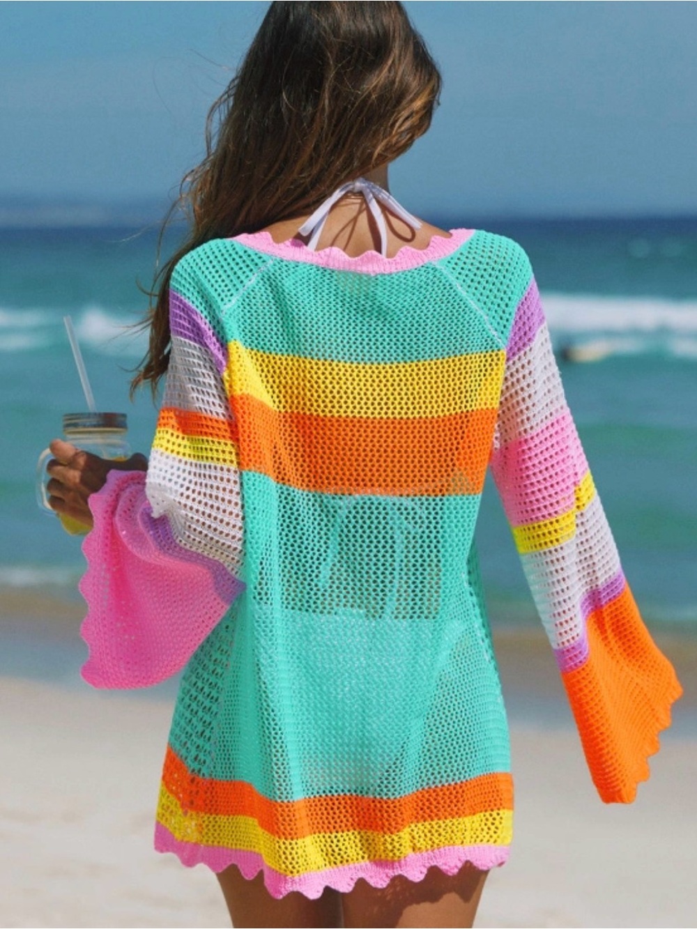 Popvil Rainbow Crochet Mesh Beach Cover-up Dress
